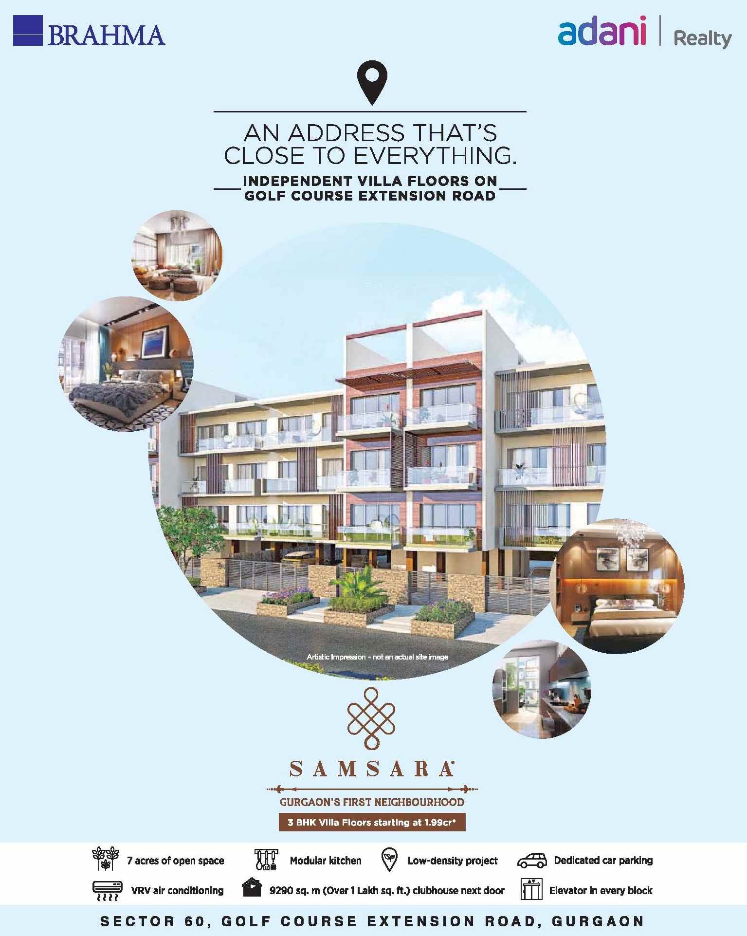 Book 3 BHK villa floors @ Rs 1.99 cr at Adani Samsara Floors in Sector 60, Gurgaon Update